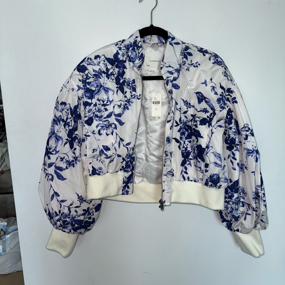 Anthropology Floral Blue and White Women's Bomber Jacket NWT